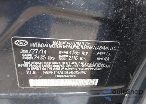 2014 Hyundai Sonata Limited z USA, uszkodzony, nr VIN 5NPEC4AC6EH885960